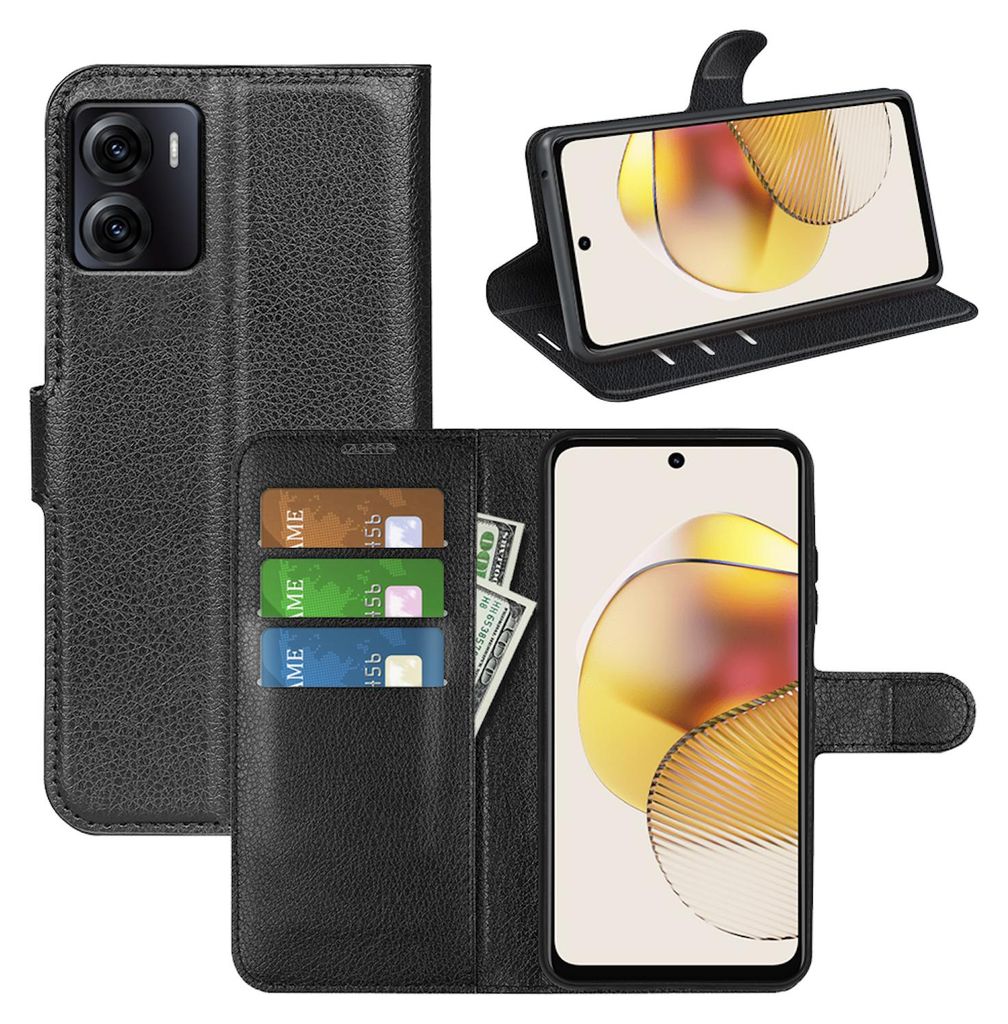 A black leather wallet-style phone case for a Motorola phone is shown in multiple configurations, including open and closed, with cards and cash inserted.