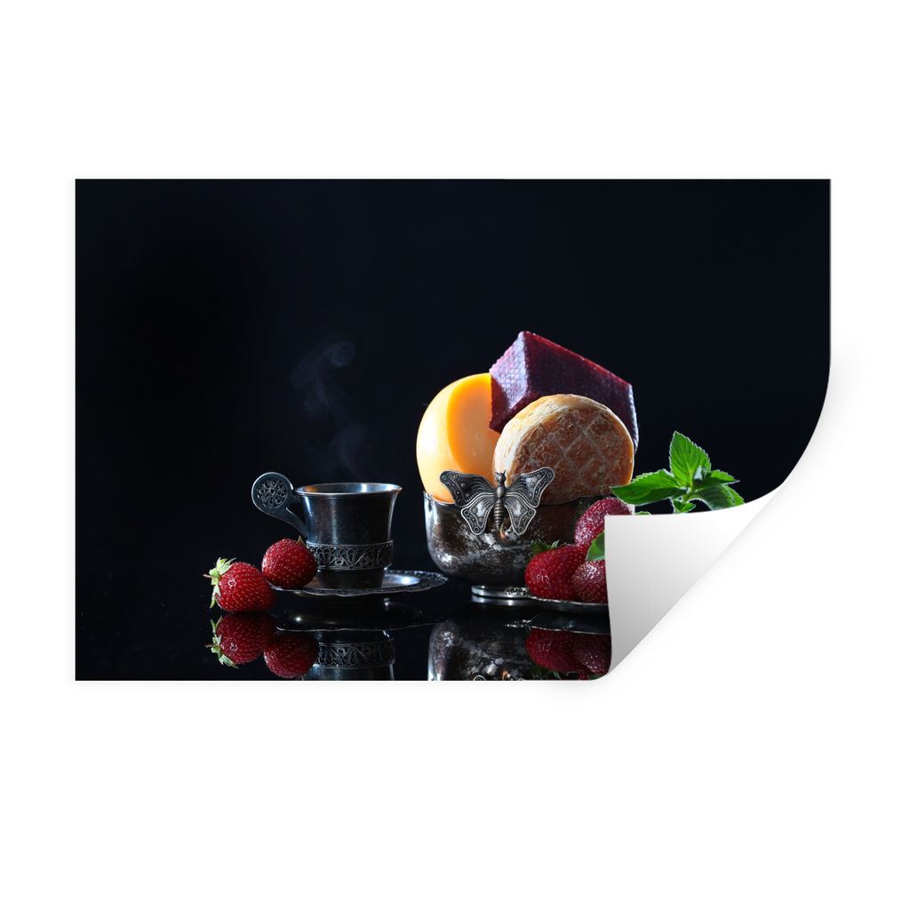 MuchoWow Wandtattoo Wandsticker Wandaufkleber Rustikal - Obst - Käse - Tisch - Stilleben 60x40 cm Selbstklebend und Repositionierbar - Wierderve...