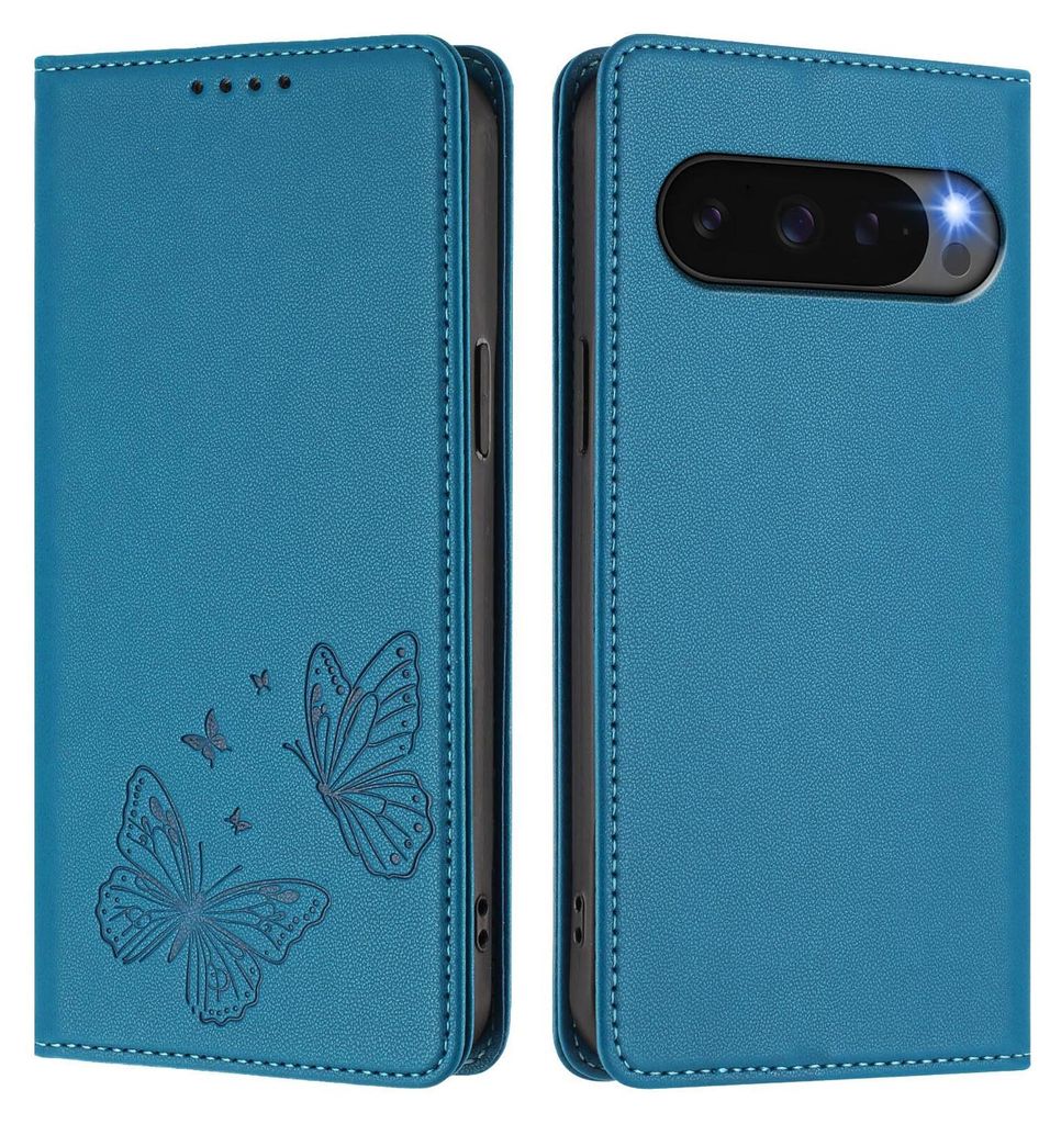 Lederhülle für Google Pixel 9/Pixel 9 Pro/Pixel 10/Pixel 10 Pro, Schmetterling Prägung Leder Brieftasche Schutzhülle mit Ständer Blau