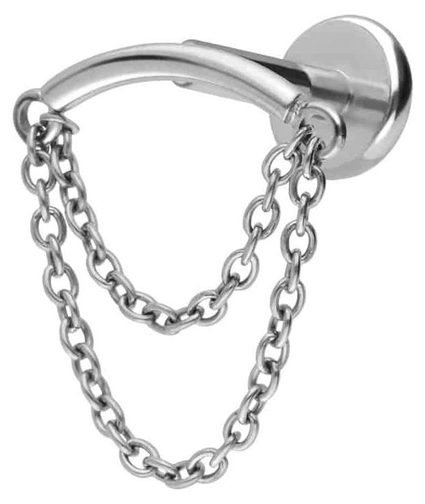 Ohrpiercing, Nasenpiercing Titan Labret mit Push Fit BOGEN + 2 KETTEN Silber Stablänge: 8mm | Stabstärke: 1,2mm