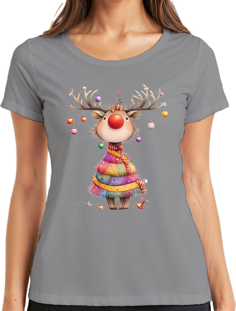 Rentier rote Nase Geweih Weihnachtskugeln Patchwork Weihnachten Damen T-Shirt, Grau, 3XL