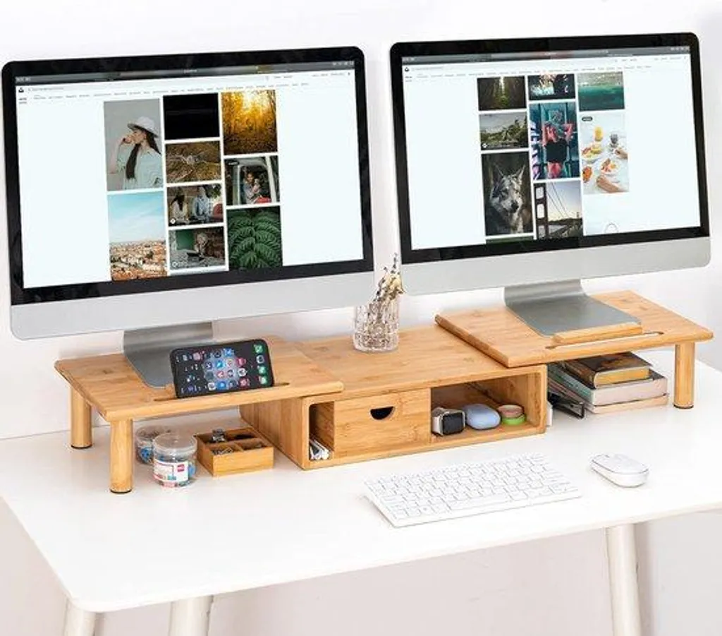 Fini le Mal de Dos : Support Double Écran Bambou, Ergonomie de Bureau