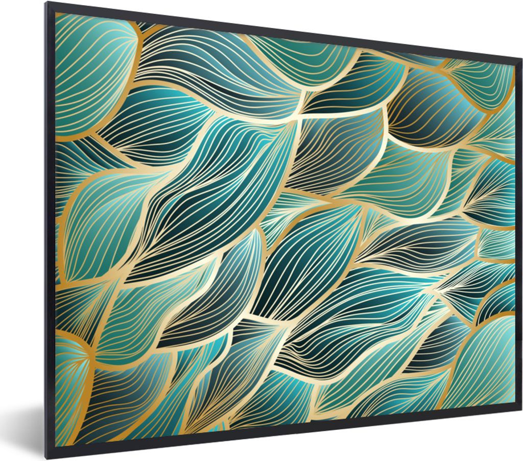 MuchoWow Gerahmtes Poster Goldene Wellen auf blauem Hintergrund 80x60 cm - Poster mit Schwarzem Bilderrahmen Wandposter Rahmen Foto Bilder - Schw...