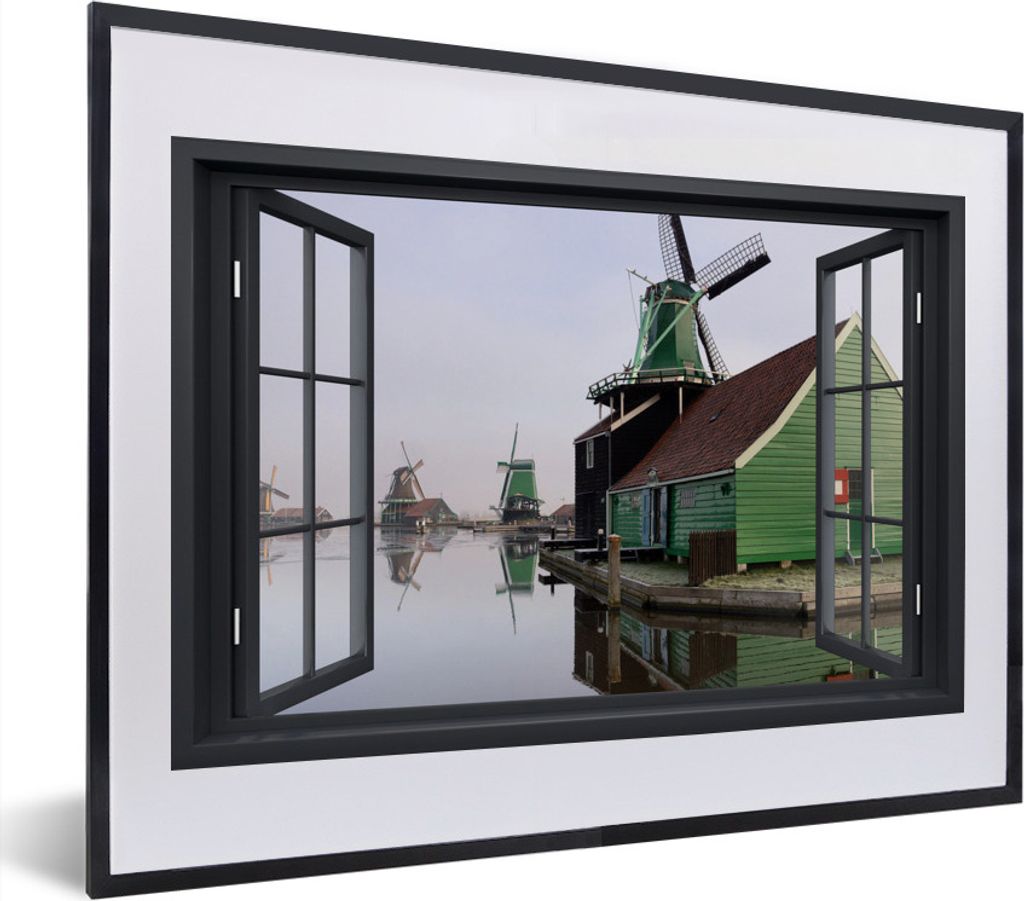MuchoWow MuchoWow Gerahmtes Poster Aussicht - Mühle - Grün 40x30 cm - Poster mit zchwarzem Bilderrahmen - Bilderrahmen - Poster im Rahmen