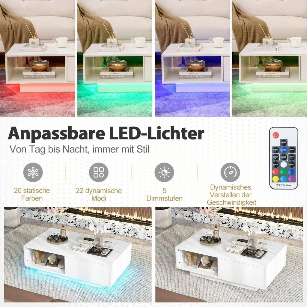 Table basse LED télécommandée blanche 95x55cm - Finition laquée élégante