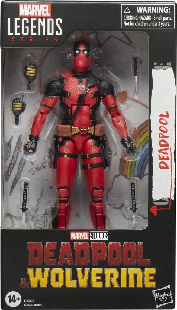A packaged Marvel Legends action figure of Deadpool from the Deadpool & Wolverine movie.