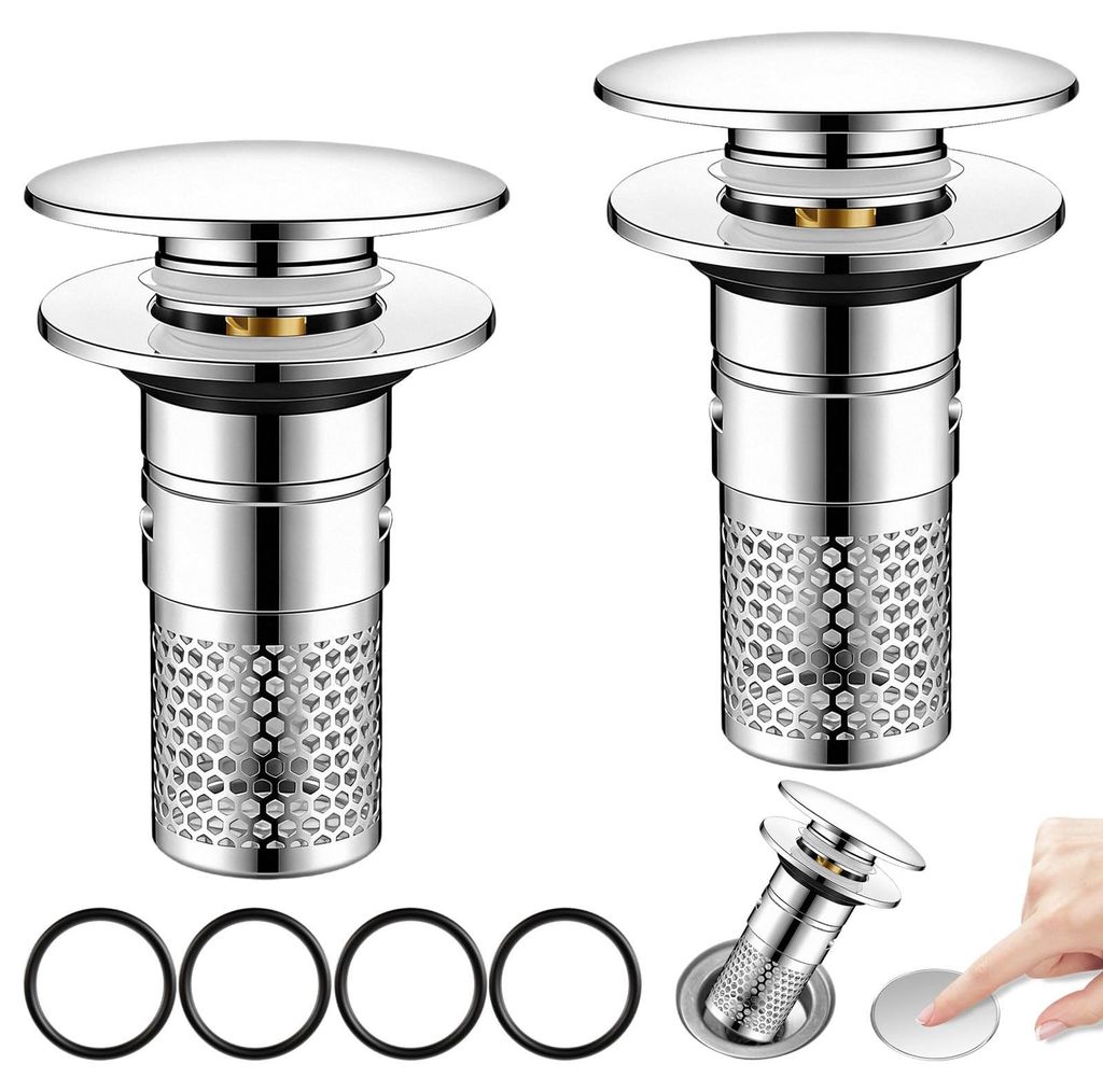 Set mit 2 Pop-up-Ablaufsieben für Spülbecken, universelle Abflussstopfen mit Sieb, Spülbeckenstöpsel aus Edelstahl für Bad, Spülbecken und K...