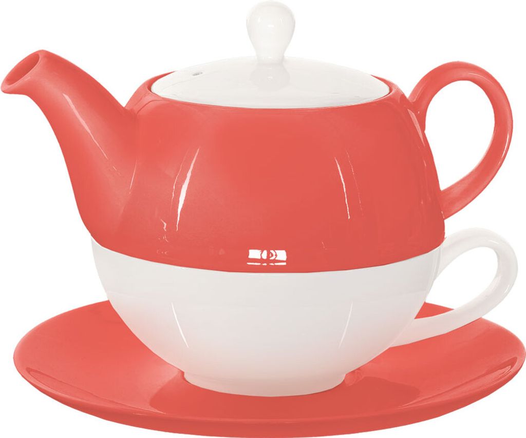 Buchensee Tea for one Set / Teeset Lena, Teekanne 500ml, Teetasse mit Untertasse, coralrot, Crystal Bone China Porzellan