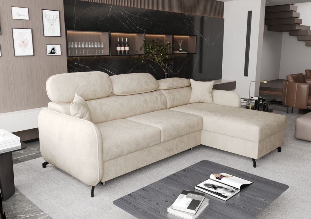 AX LIVING Ecksofa mit Schlaffunktion Ribella 5 L-Form 265cm Samt in Creme Rechts