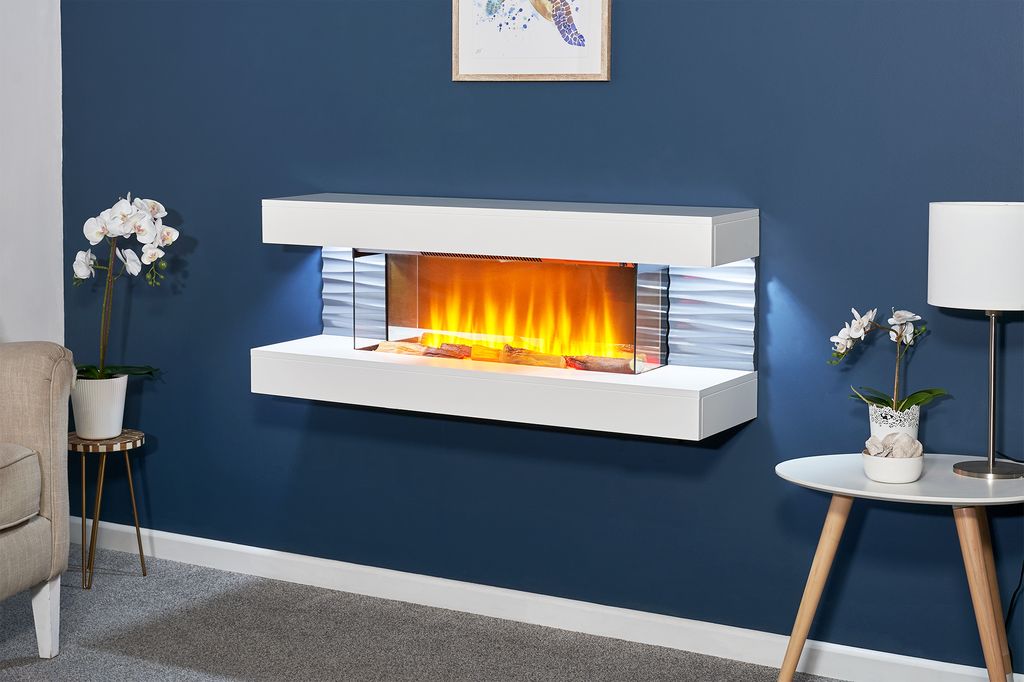 Sureflame WM-9332 elektrischer Wandkamin mit Downlights und Fernbedienung in reinem Weiß