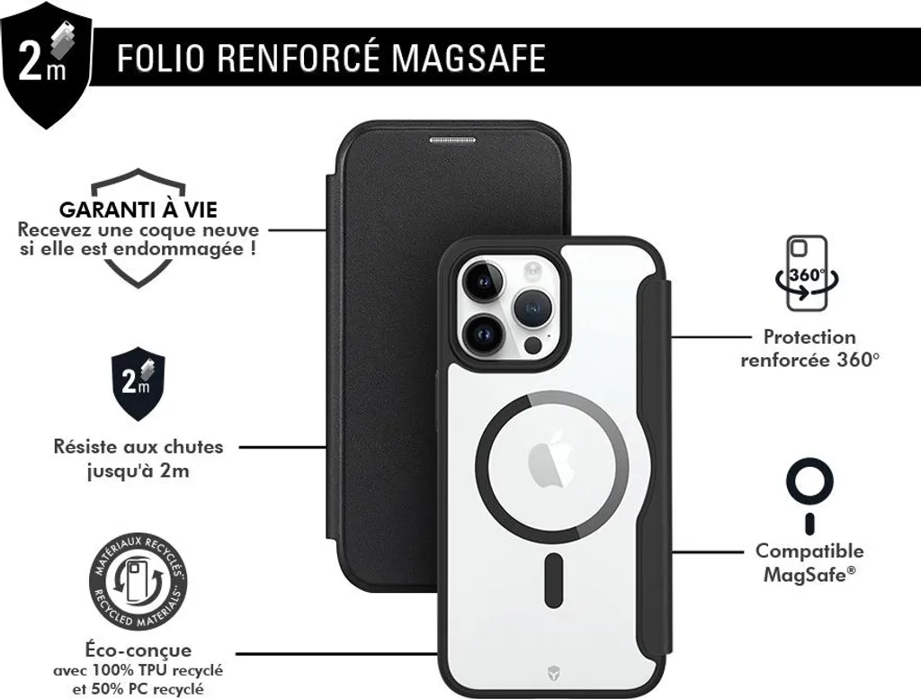 Étui Folio MagSafe pour iPhone 15 Pro Noir - Protection Intégrale Cuir