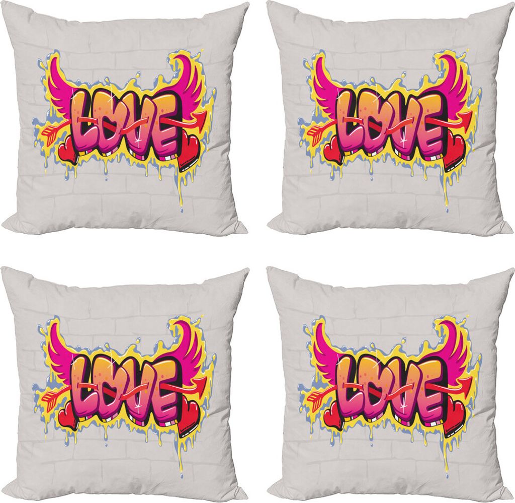 ABAKUHAUS Liebe Kissenbezug Set (4 Stück), Liebe Worte auf Brick, Moderner Doppelseitiger Digitaldruck, 50 cm x 50 cm, Gelb Beige Rosa