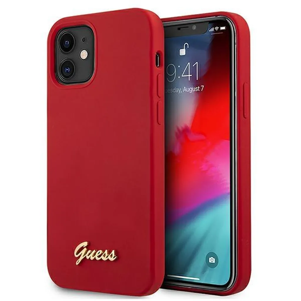 Guess iPhone 12 Mini Cover Rosso Rubino - Metal Script Logo Hardcase