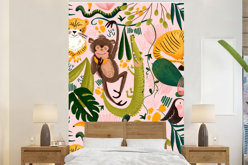 MuchoWow Fototapete für Wohnzimmer oder Schlafzimmer Wandtapete Vinyl Motivtapete Dschungel - Pflanzen - Tiere - Rosa - 225x350 cm - Schlafzimme...