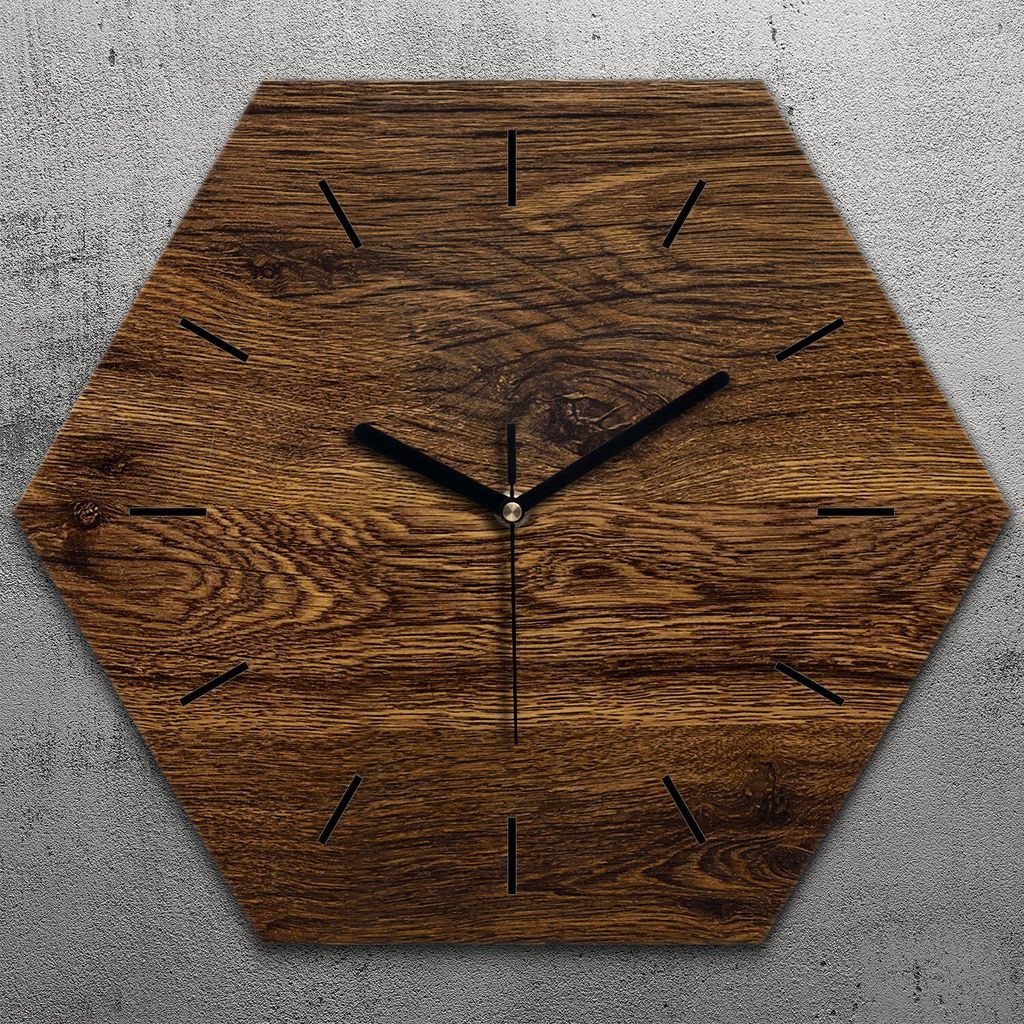 Uhr hexagonal 40 cm Glas Geräuschlos schwarze Zeiger - Dunkle Holz