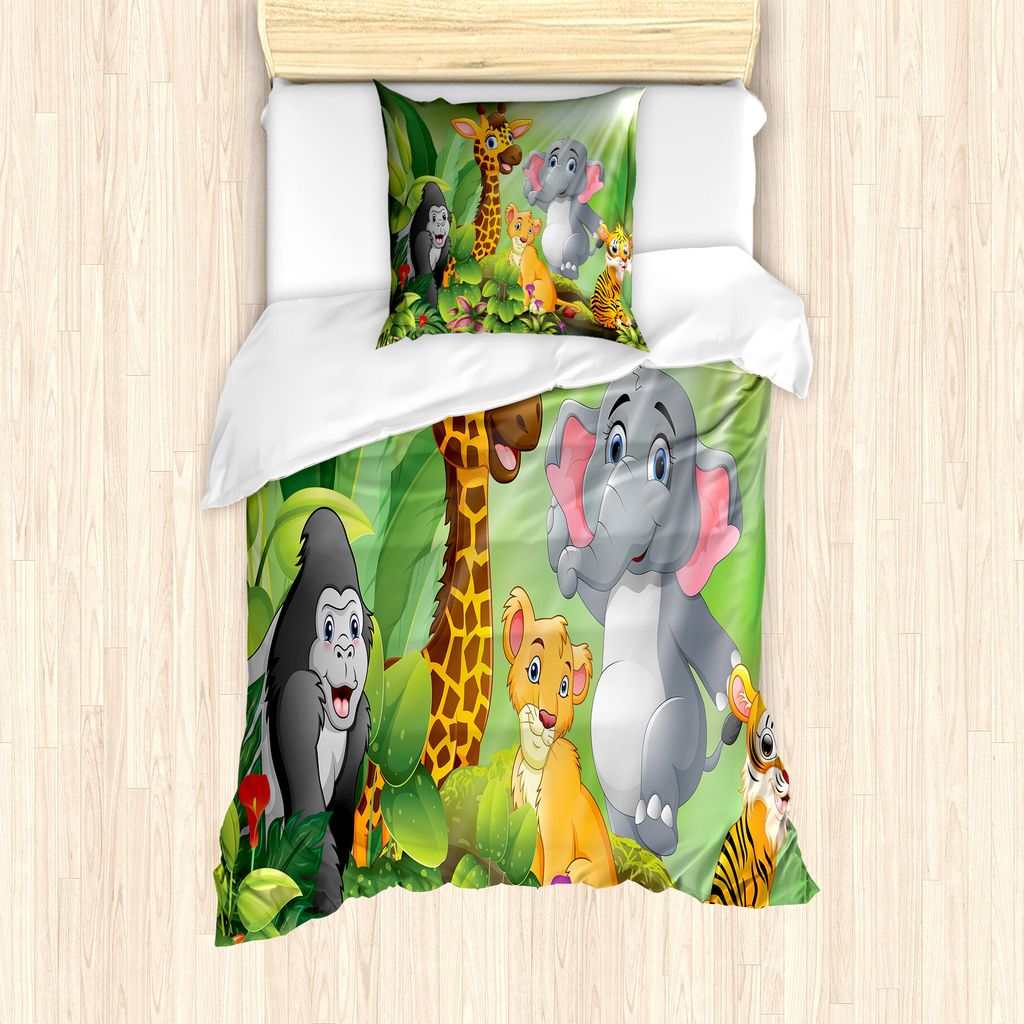 ABAKUHAUS Wald Bettbezug Set für Einzelbetten, Cartoon-Stil Wilde Tiere, Milbensicher Allergiker geeignet mit Kissenbezug, 135 cm x 200 cm - 80 x ...