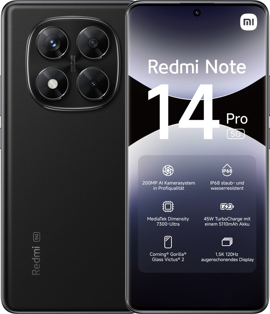 Redmi Note 14 Pro 5G 8GB + 256GB Midnight Black Smartphone Produktbild 