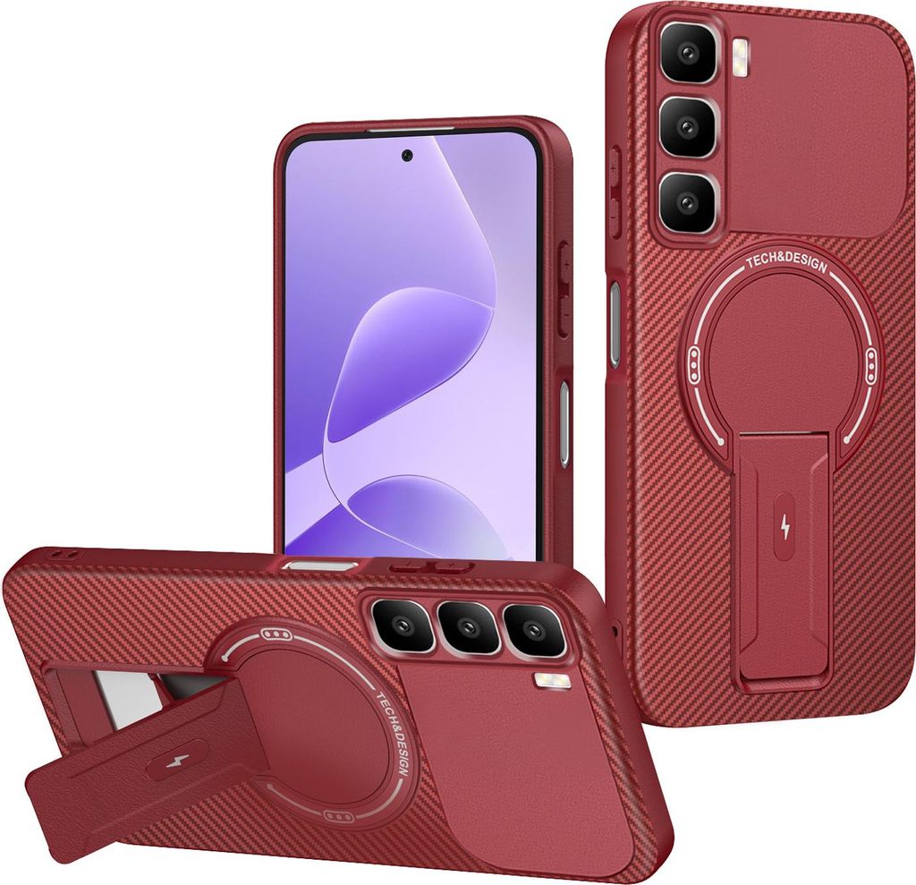 Hülle für Infinix Hot 60/Hot 60i 4G Magnetisch Carbonfaser Design TPU Hybrid Handyhülle mit Ständer Rot