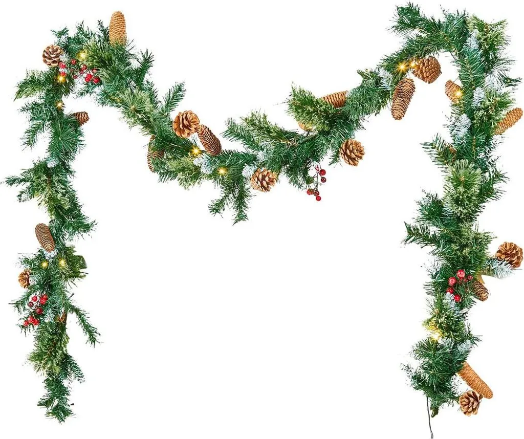 Ghirlanda natalizia, ghirlanda natalizia artificiale da 2750 mm con filetto luminoso, decorazione con fogliame artificiale con grappoli di bacche, aghi di pino, pigne, collezione natalizia realistica per caminetto. - 10