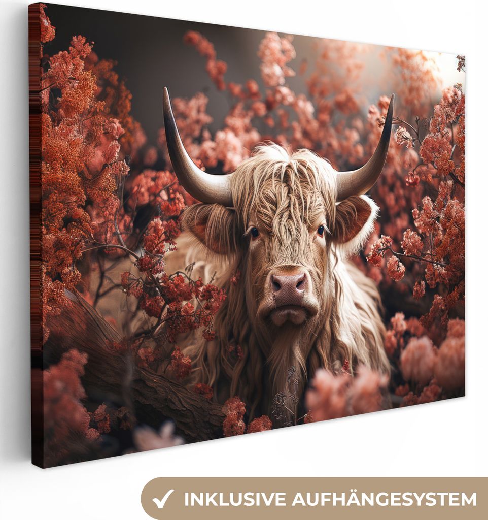 MuchoWow - Leinwandbilder - Schottische Highlander - Tier - Natur - Blumen - Botanisch, Wandbild, Wanddeko Bilder Wohnzimmer, 80x60 cm