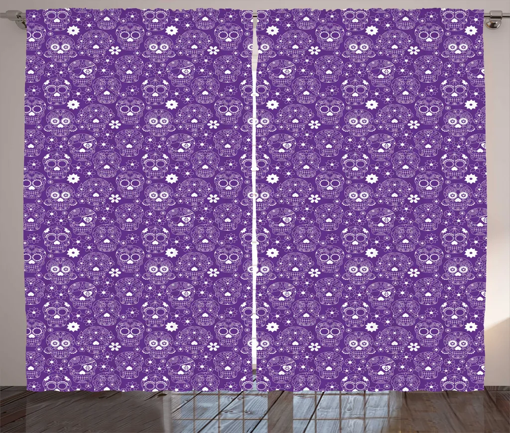 Rideaux Universels de Salon Imprimé Crâne Violet et Blanc 280 x 225 cm