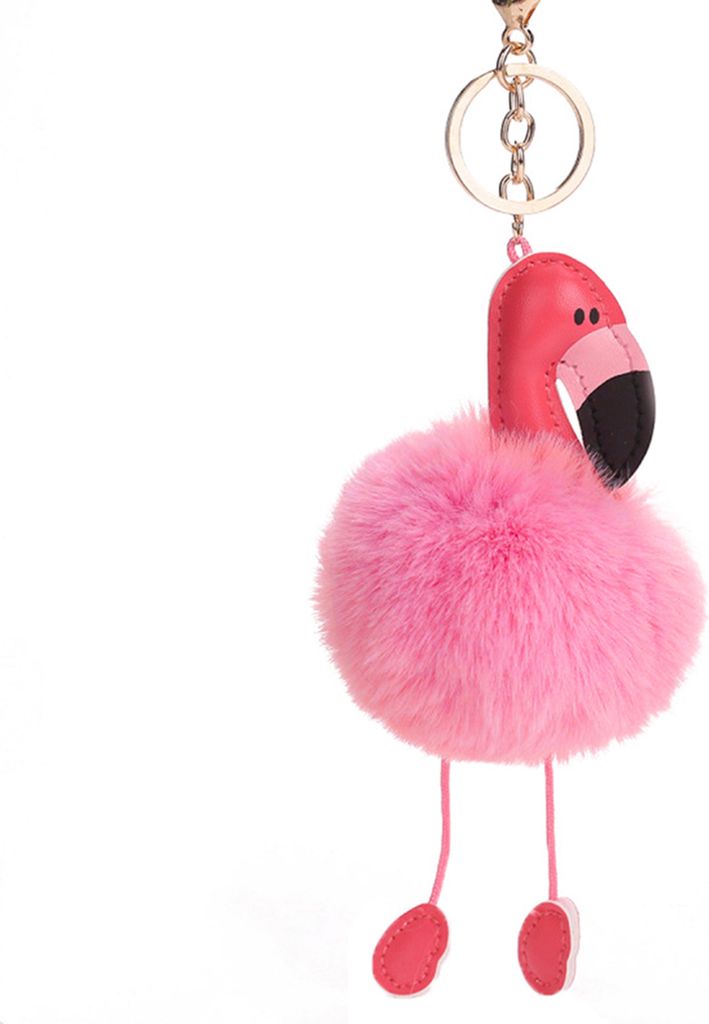 Schlüsselanhänger aus Kunstleder in Flamingo-Form, leicht, bezaubernd, mit Fellknäuel, flauschig, für den täglichen Gebrauch-Rosa