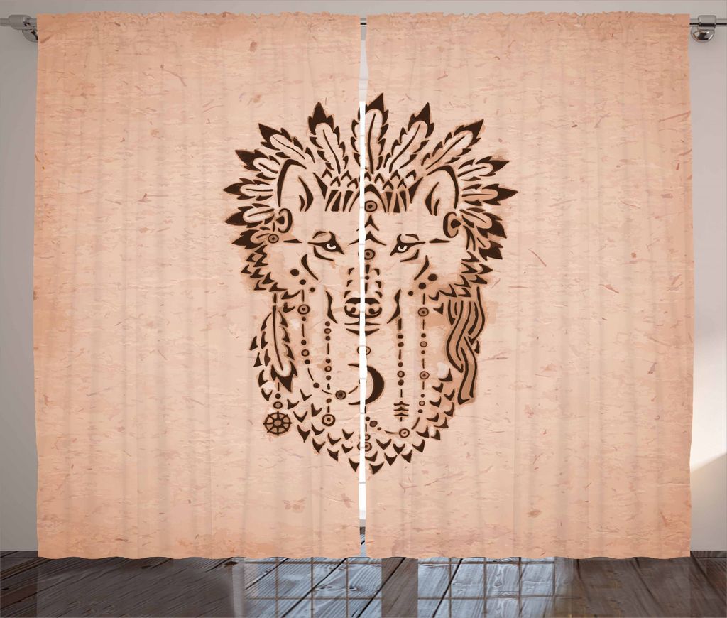 ABAKUHAUS Wolf Rustikaler Vorhang, Tier in Bonnet, Wohnzimmer Universalband Gardinen mit Schlaufen und Haken, 280 x 245 cm, Braun Pfirsich