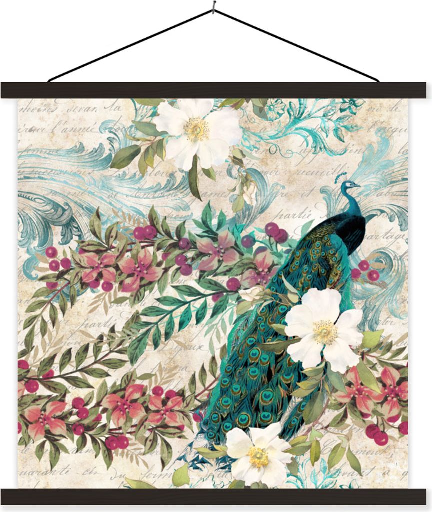 MuchoWow Textilposter Blumen - Kunst - Pfau 60x60 cm mit schwarzem Rahmen - Posteraufhänger