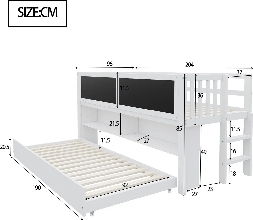 Lit Enfant Gain de Place en Bois Blanc avec Rangement et Zone de Dessin - 4