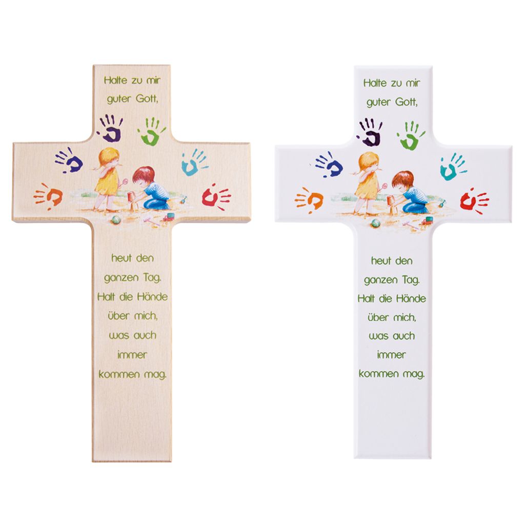 FRITZ COX Kinder-Holz-Kreuz 'Gott beschütze mich'- wunderschönes Wandkreuz für ein Kinderzimmer | schönes Idee als Patengeschenk | 20cm
