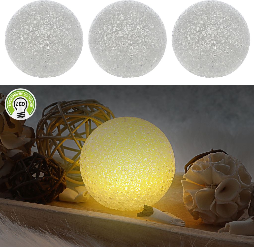 LED Deko Kugel Soft 3er Set Ø8cm warmweiß Kunststoff Metall Produktbild 