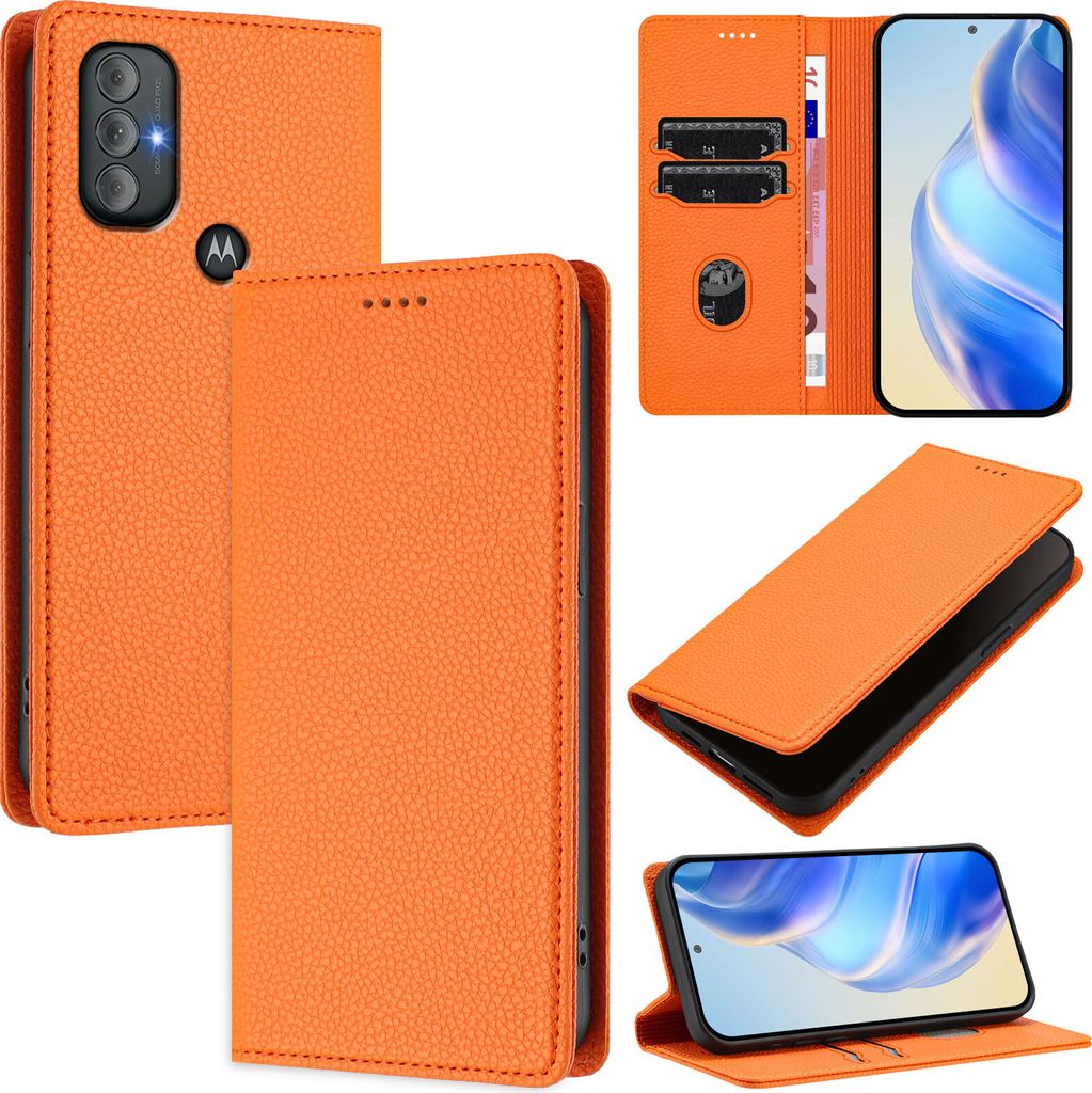 Litchi Leder Handyhülle für Motorola Moto G Power 2022 Wallet Kartenfächer Standfunktion Hülle Orange