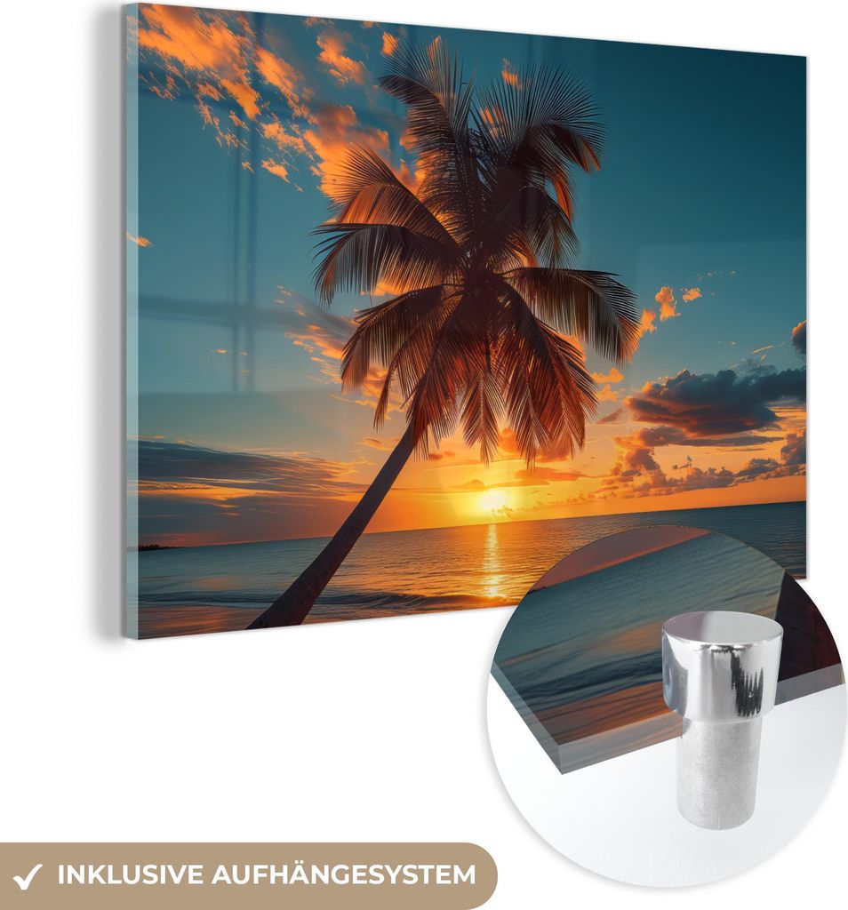 MuchoWow Glasbilder - Bilder auf Wandbild - Foto auf Glas Sonnenuntergang - Palme - Meer - Horizont - Strand 30x20 cm Wanddekoration aus Glas - Acr...