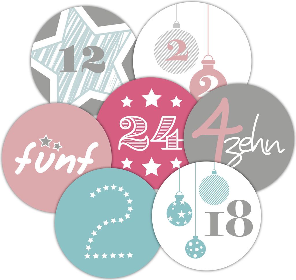 24 Adventskalenderzahlen AUFKLEBER PASTELL, Durchmesser 4 cm / Sticker, Weihnachten, Adventskalender, DIY Kalender