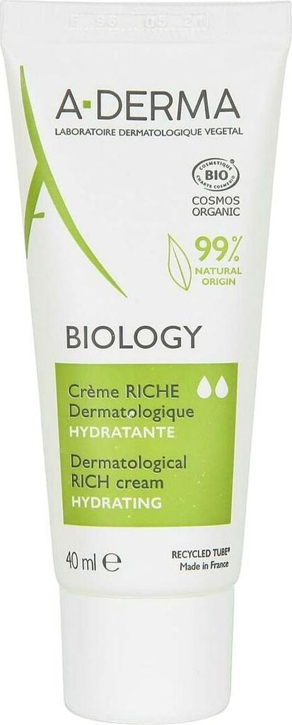 A product shot of a tube of A-Derma BIOLOGY rich hydrating cream.
