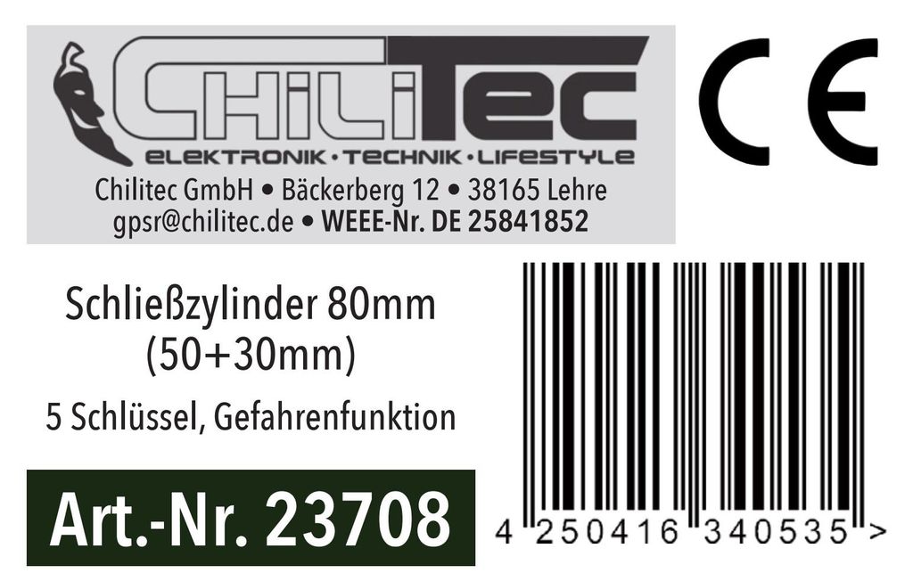 Schließzylinder 80mm (50+30mm) 5 Schlüssel, Not- & Produktbild 