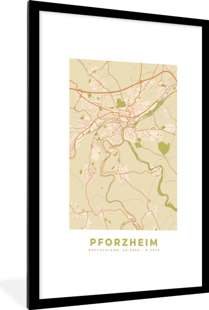 MuchoWow Gerahmtes Poster Pforzheim - Karte - Vintage - Stadtplan 60x90 cm - Poster mit Schwarzem Bilderrahmen Wandposter Rahmen Foto Bilder - De...