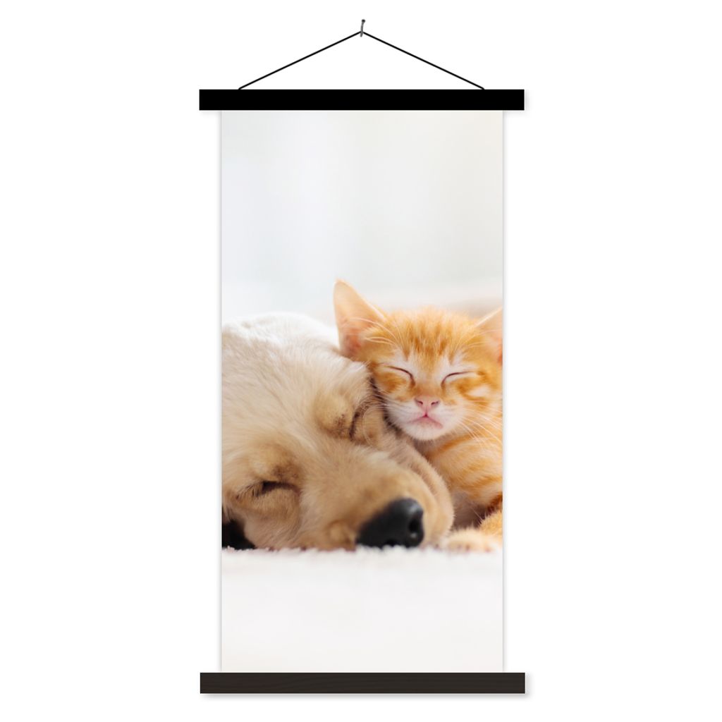 MuchoWow Textilposter Tiere - Hund - Kätzchen - Rot 90x180 cm mit schwarzem Rahmen - Dekoration Wohnzimmer
