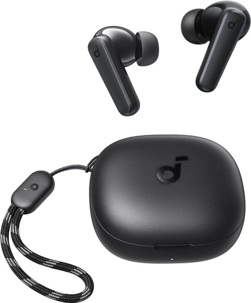 A pair of black wireless earbuds and their charging case are displayed against a white background.