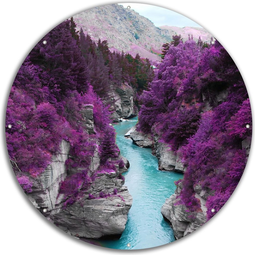 Wallario rundes Outdoor-Poster für Garten oder Balkon, Motiv Fluss in lilafarbener Schlucht, 60 cm Durchmesser