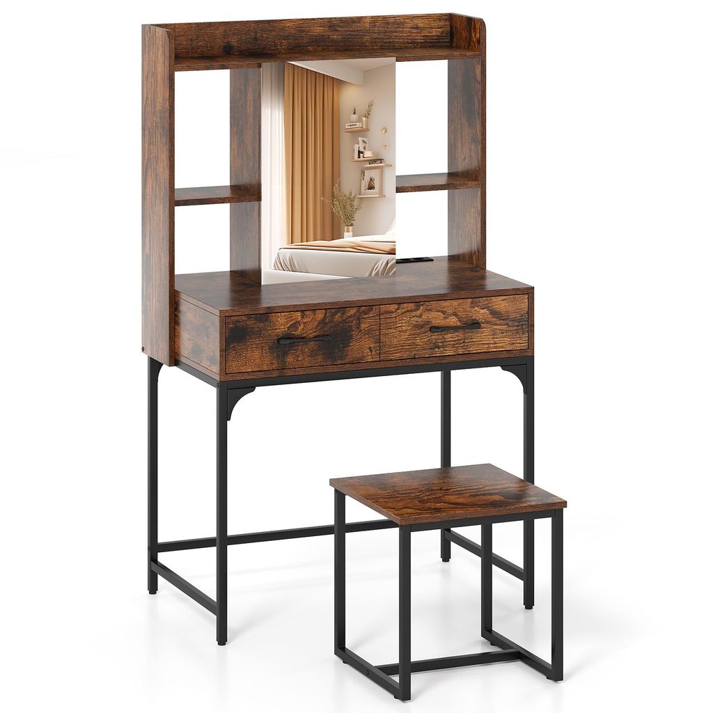 COSTWAY Schminktisch-Set mit Hocker & Spiegel, Kosmetiktisch mit Ladestation, Schubladen, offenen Regalen & Spiegelschrank, Schreibtisch Modern Braun