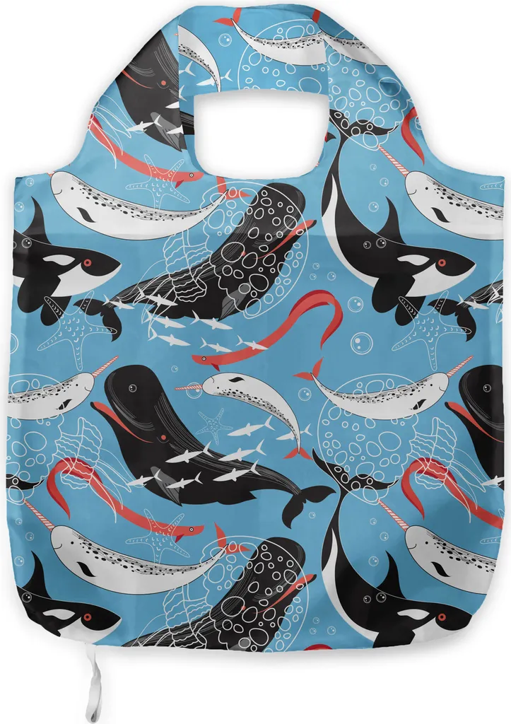 ABAKUHAUS Borsa in tessuto Narwal, fauna dell'Oceano Artico, pratica borsa per la spesa quotidiana, blu scuro corallo nero