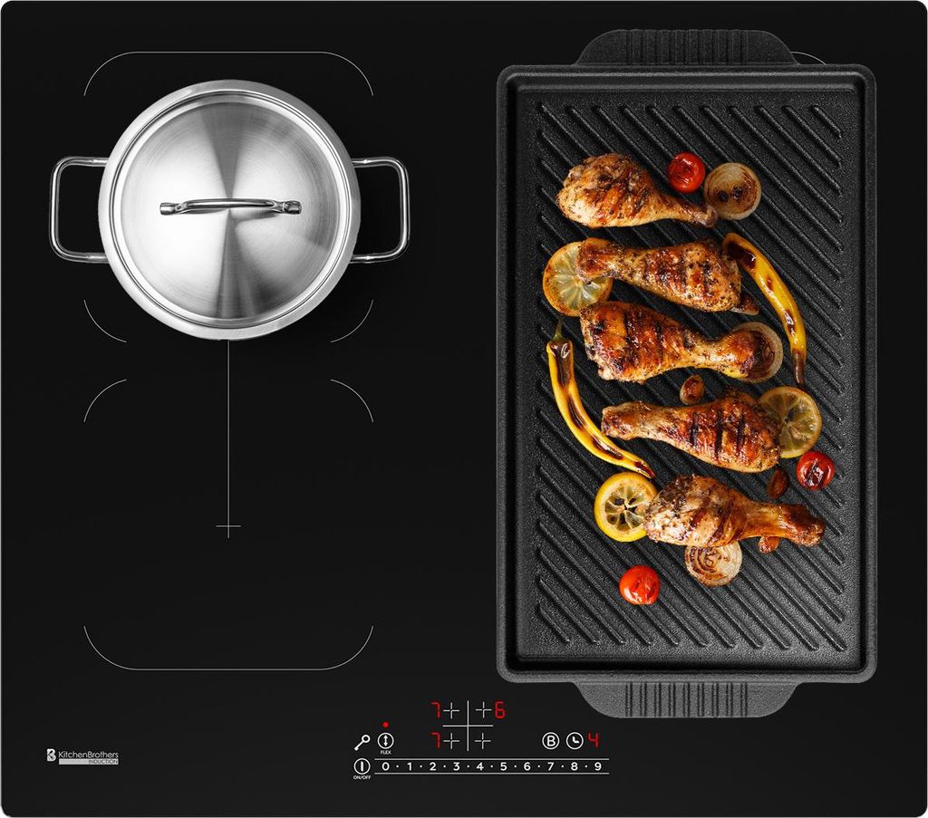 KitchenBrothers Induktionskochfeld - Einbau Induktionskochplatte - 60 cm - 4 Zonen - 2x Flexzone - 1 und 2 Phase - Bis 2400W - Schwarz