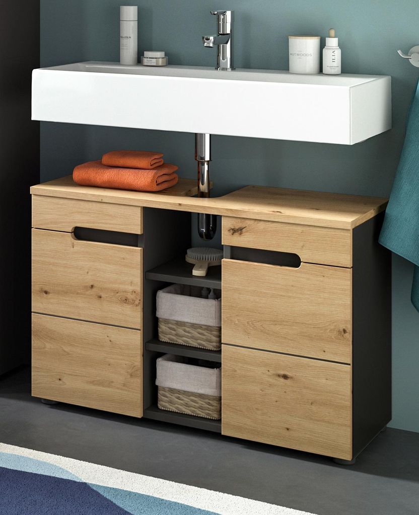 Waschbeckenunterschrank "Cooper" in Artisan Eiche und grau Badschrank 80 cm, Soft-Close