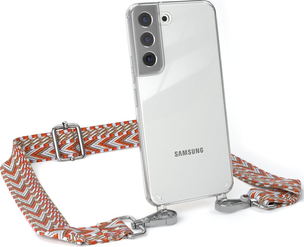 EAZY CASE Handykette - Verstellbarer Trageriemen kompatibel mit Samsung Galaxy S22 5G, Handykordel mit transparenter Silikon-Hülle, Band in Orange