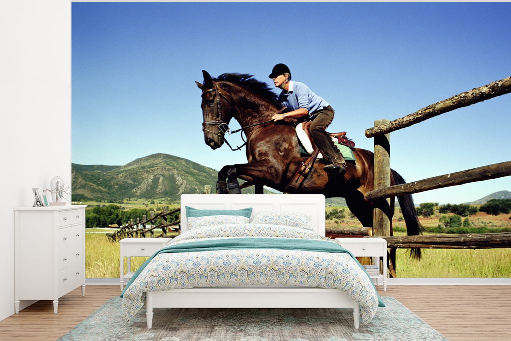 MuchoWow Fototapete für Wohnzimmer oder Schlafzimmer Wandtapete Vinyl Motivtapete Pferde - Reiten - Reiter - 295x220 cm - Wand Tapete