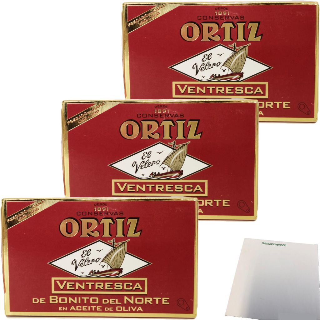 Conservas Ortiz Ventresca de Bonito del Norte, weißer Thunfischbauch in Olivenöl 3er Pack (3x110g Dose) + usy Block