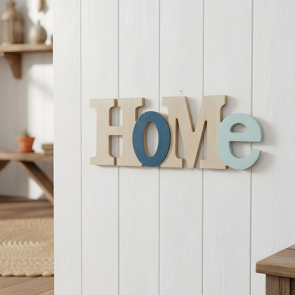 Schriftzug Home L35cm Blau Natur MDF Holz Buchstaben Wanddeko Wandbild Hängedeko