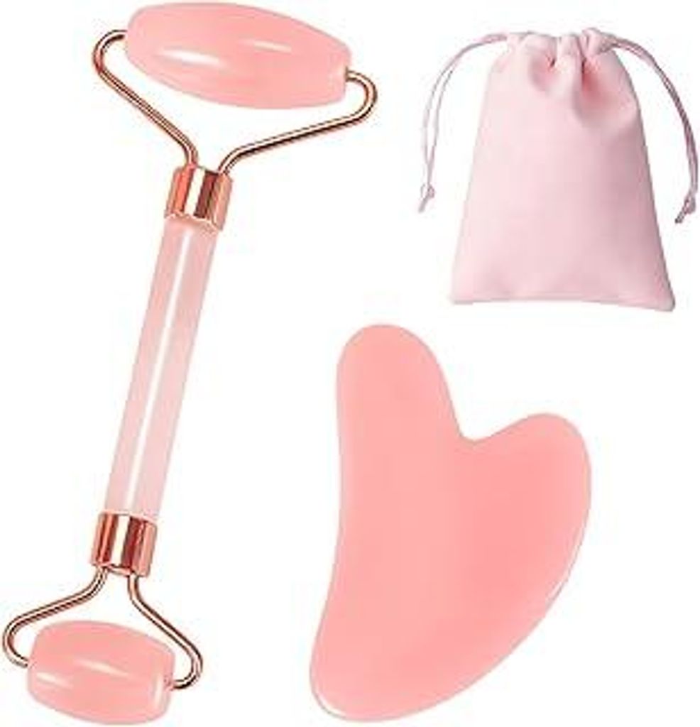 Gua Sha Stein und Rosenquarz Roller, Jade Roller Gesicht für Facial Massage, Guasha Set enthält Gesichtsroller Rosenquarz für Verbesserung Von F...