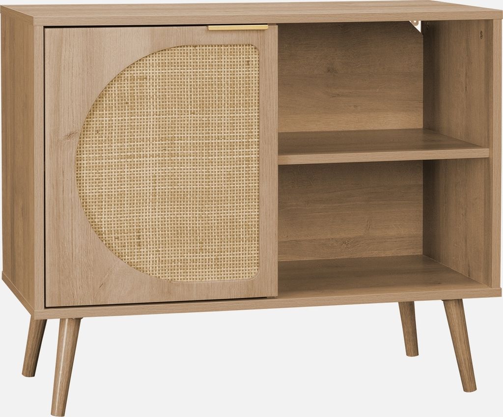 A light brown wooden sideboard with a rattan-covered door and open shelving, displayed against a white background.